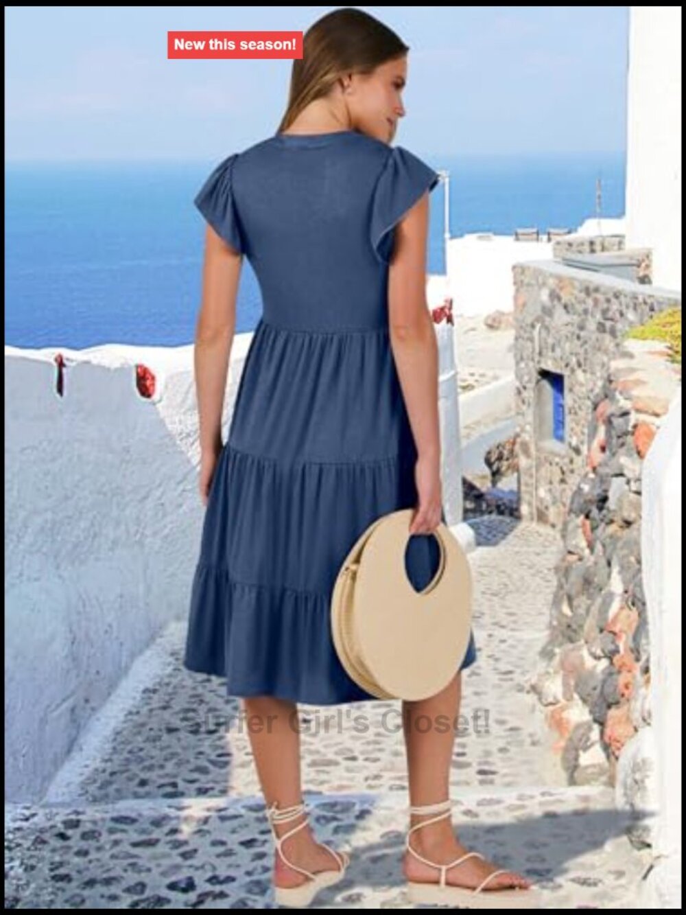 V Neck Ruffle Sleeve Tiered Midi Dress Flowy Summer Boho Beach - Picture 6 of 7